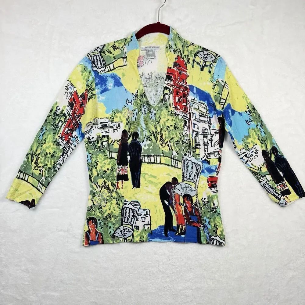 Alberto Makali Medium Embellished Knit Top Paris Street Scene Beaded V Neck
